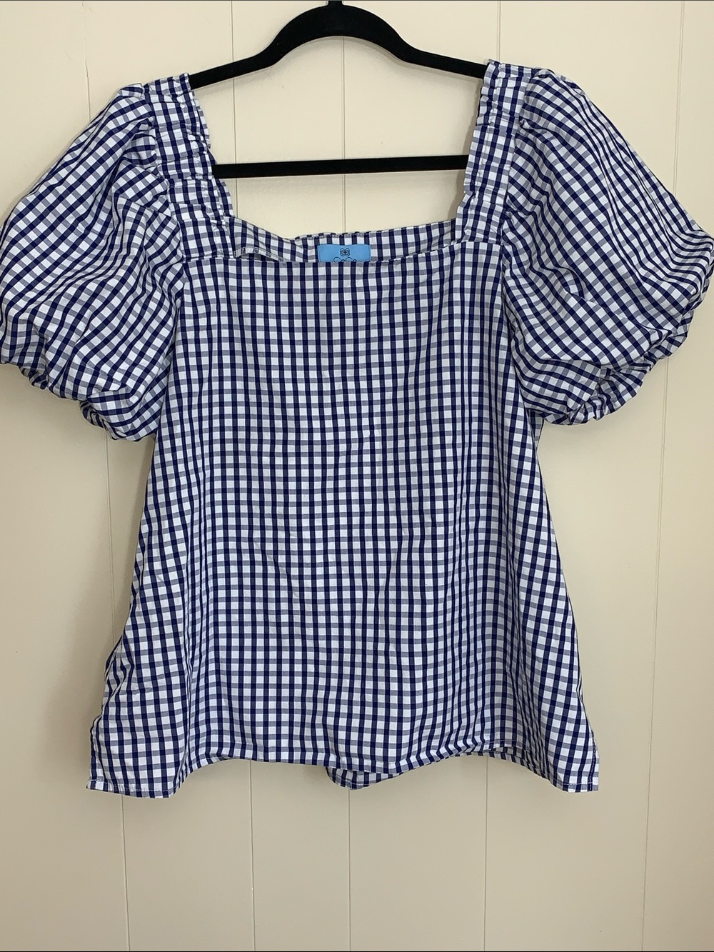 CeCe Blue and White Gingham Puff-Sleeve Top